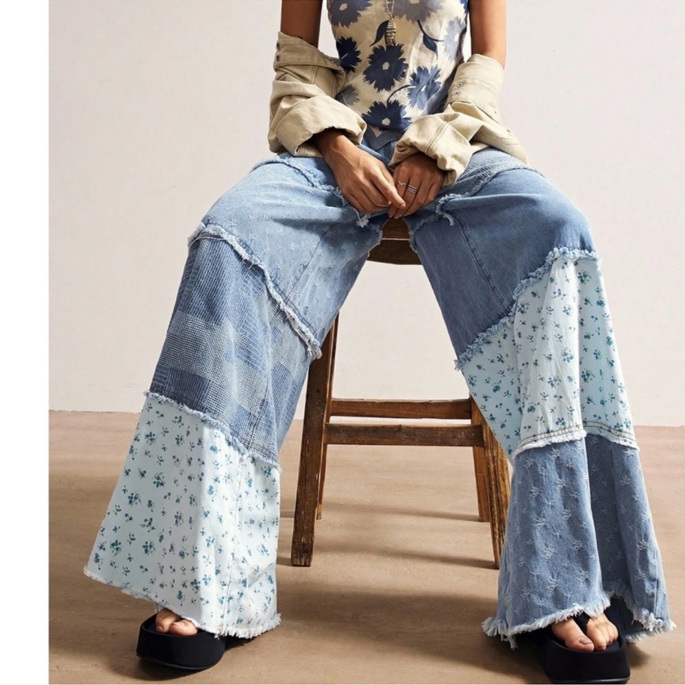 Floral Print Patchwork Frayed Detail Wide Leg Denim Jeans 26 27 28 29 30